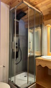 a glass shower in a bathroom with a sink at Chalet By Sophie Superdevoluy avec piscine in Superdevoluy