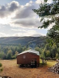 a small building in the middle of a field at Diamond Vault Rustic Mountain Cabins in Hogsback