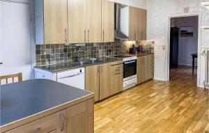 a kitchen with wooden cabinets and a wooden floor at 4 Bedroom Lovely Home In Södra Sandby in Södra Sandby