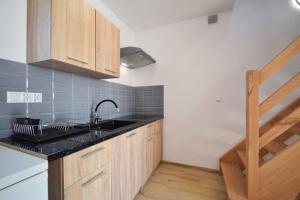 een keuken met een wastafel en houten kasten bij Apartamenty u Hanysa in Niechorze