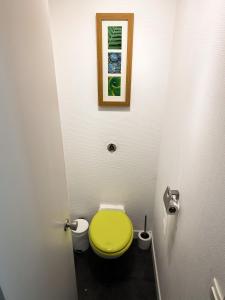 ein Badezimmer mit einem gelben WC in einer Kabine in der Unterkunft Adorable studio sur la plage in Biarritz