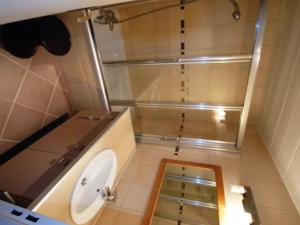 La petite salle de bains est pourvue d'un lavabo et d'une douche. dans l'établissement Appartement Tignes, 2 pièces, 5 personnes - FR-1-449-147, à Tignes