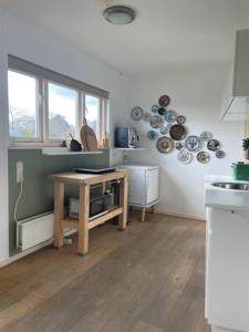 Slapenopdewaal في Beneden-Leeuwen: مطبخ مع طاولة وأطباق على الحائط