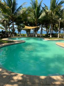una gran piscina con palmeras en el fondo en Cabo tortuga bungalows en Monterrico