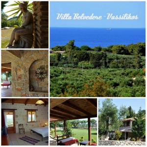 un collage de fotos de una casa y del océano en Villa Belvedere - Sea view apts near Banana beach, en Vasilikos