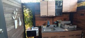 una cucina con lavello e fornello di Glamping Montecarlo Domo Geodesico y Sauna Finlandés Guatapé a Guatapé