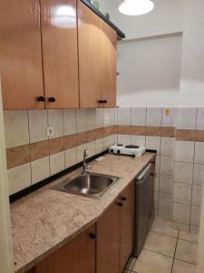 a kitchen with a sink and wooden cabinets at Studios Dafni in Paralia Katerinis