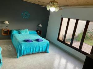 1 dormitorio con cama con sábanas azules y ventana en Departamentos Cachita en Carhué