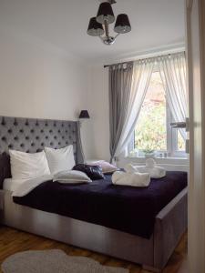 a bedroom with a large bed with pillows and a window at Brick House Premium Apartments in Wrocław
