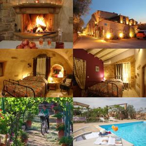 a collage of pictures of a house with a fireplace at Venetis Luxury Apartments in Chios