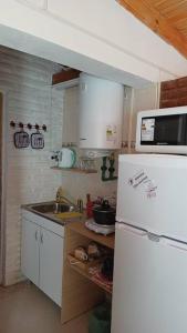 una pequeña cocina con nevera y fregadero en estudio CL, monoambiente confortable en El Calafate