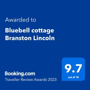 Sertifikat, nagrada, logo ili drugi dokument prikazan u objektu Bluebell cottage Branston Lincoln