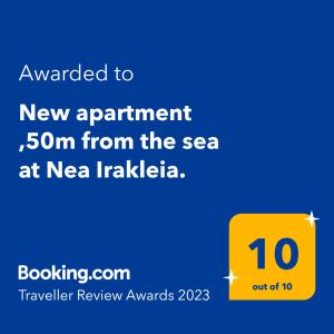 Certifikát, ocenenie alebo iný dokument vystavený v ubytovaní New apartment ,50m from the sea at Nea Irakleia.