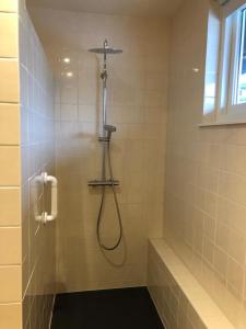 a bathroom with a shower with a hose at Slapenopdewaal in Beneden-Leeuwen
