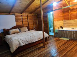1 dormitorio con 1 cama y bañera en una habitación en HOTEL CABAÑAS SANTO TOMAS, en Paipa