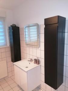ein Bad mit einem Waschbecken und einem schwarzen Kühlschrank in der Unterkunft Weyersheim 3 Pieces "JOE" in Weyersheim