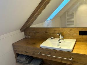 ein Bad mit einem Waschbecken und einem Spiegel in der Unterkunft Laupus-Hof in Bad Vilbel