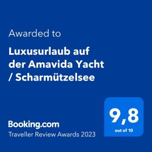 Ein Zertifikat, Auszeichnung, Logo oder anderes Dokument, das in der Unterkunft TraumZeitBoot Amavida Yacht auf dem Scharmützelsee Bad Saarow ausgestellt ist