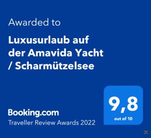 Ein Zertifikat, Auszeichnung, Logo oder anderes Dokument, das in der Unterkunft TraumZeitBoot Amavida Yacht auf dem Scharmützelsee Bad Saarow ausgestellt ist
