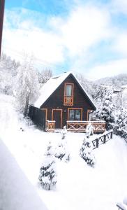 a cabin in the snow with snow covered trees at Domki Bieszczadzki Czar Rodzinny 691-517-450 in Polańczyk