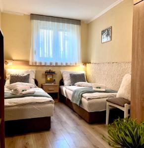 ザラカロシュにあるBerke Apartmanのベッドルーム1室(ベッド2台、窓、椅子付)