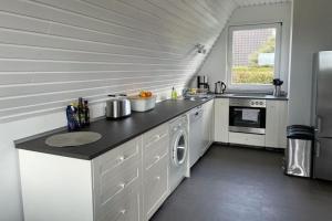 eine Küche mit einer Arbeitsplatte und einem Kühlschrank in der Unterkunft Ferienhaus Karlsson mit Blick auf die Ostsee in Hohenfelde