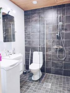 a bathroom with a toilet and a shower and a sink at New Studio Mint near Airport in Vantaa