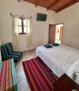 1 dormitorio con 1 cama, 1 silla y TV en La Colorada Hostal en Tilcara