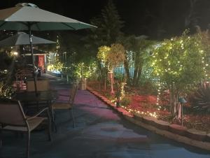a patio with a table and chairs and lights at Oceana Boutique Hotel in San Clemente