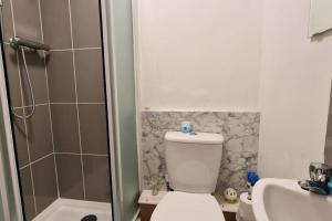 a bathroom with a toilet and a shower and a sink at Private London Kensington studio 2 mins from tube in London