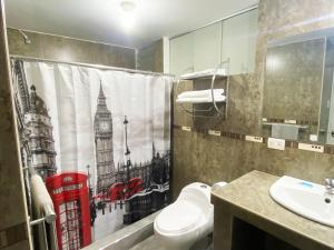 a bathroom with a toilet and a sink and a shower curtain at Ayli Apart Hotel in Arequipa