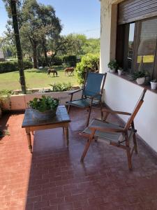 una silla y una mesa en un porche con animales en el fondo en Colibrí de la Quebrada en San Lorenzo