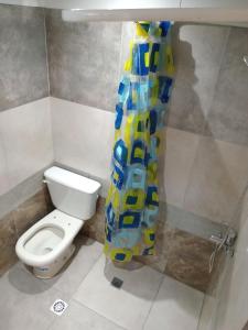 y baño con aseo y cortina de ducha. en Vacaciones2023 en Mar del Plata