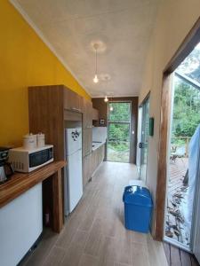 a kitchen with yellow walls and a counter with a refrigerator at Bitzu Dome-Bijagua Riverside Glamping in Bijagua