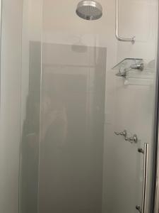 a shower with a glass door in a bathroom at Albert Park Motor Inn-KING BEDS-POOL-SHADED PARKING in Longreach