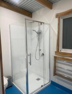 a shower with a glass enclosure in a bathroom at Acacia Hills Retreat in Acacia Hills