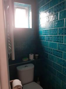 bagno piastrellato blu con servizi igienici e finestra. di Wheelers Bay Apartment a Ventnor