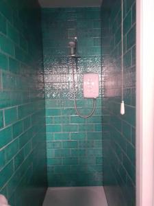 un bagno piastrellato verde con doccia e tubo di Wheelers Bay Apartment a Ventnor