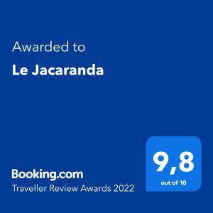 a screenshot of a cell phone with the text awarded to le jacaranda at Le Jacaranda in Villeneuve-Loubet
