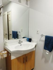 a bathroom with a white sink and a mirror at Private Suite with Separated Entrance Monica's Home in Richmond