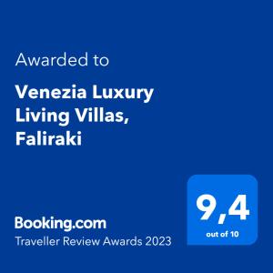 a screenshot of a phone with the text awarded to venza luxury living villas at Venezia Luxury Living Villas, Faliraki in Faliraki