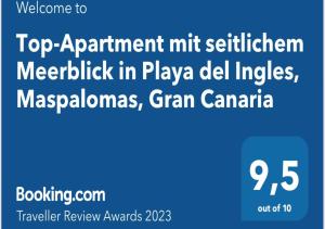 Certifikát, hodnocení, plakát nebo jiný dokument vystavený v ubytování Top-Apartment, 4 OG, seitlicher Meerblick, mit 1 Schlafzimmer im Herzen von Playa del Inglés , Gran Canaria