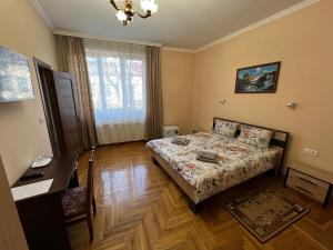 1 dormitorio con cama y escritorio. en Villa Magda, en Beregovo