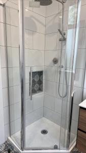 a shower with a glass door in a bathroom at Rotorua Holiday Villa in Rotorua