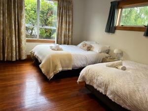two beds in a hotel room with a window at Rotorua Holiday Villa in Rotorua