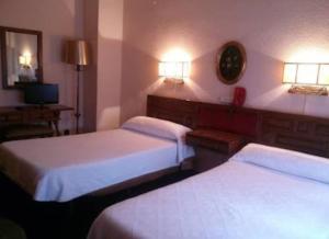 シウダー・レアルにあるHotel El Molinoのベッド2台とテレビが備わるホテルルームです。