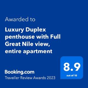 Sijil, anugerah, tanda atau dokumen lain yang dipamerkan di Luxury Duplex penthouse with Full Great Nile view, entire apartment