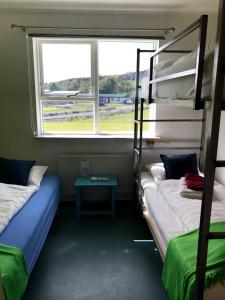 um quarto com 2 beliches e uma janela em Helgafell Hostel em Djúpivogur