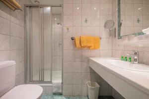 a bathroom with a shower and a toilet and a sink at Haus Hubertus in Mieders