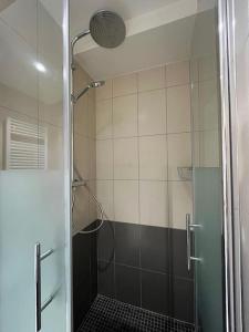 a shower with a glass door in a bathroom at Les Tuileries Eguisheim in Eguisheim